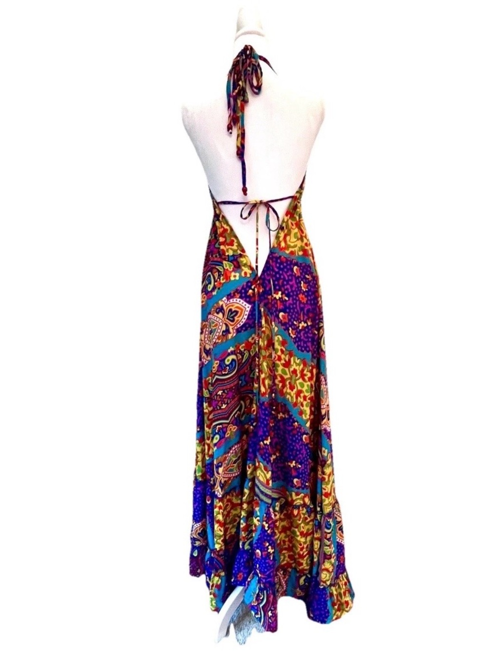 Fullah Sugah Bohemian Paisley Print Deep V-Neck Halter Dress Silk/Viscose - Sz L - Picture 8 of 10